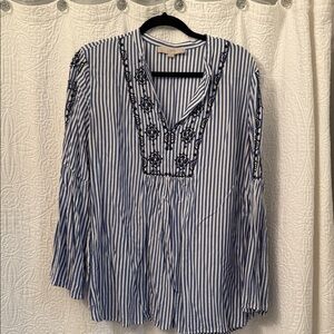 LOFT Navy and White Embroidered Blouse